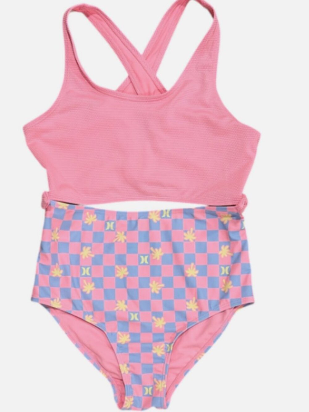 Hurley Girls 1‑Piece Flamingo Pink with Palm Tree Print Bottom Swimsuit L 10/12